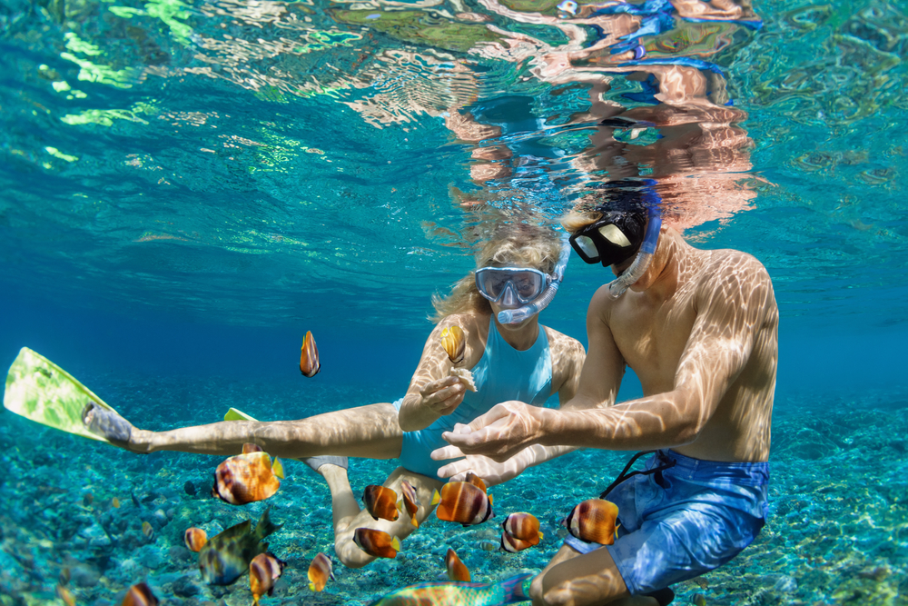 A young couple wearing diving masks hold hands, diving underwater with fish in the coral reef pool.